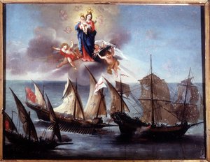 Ein Genueser Boot wird von einer Galeere und einer barbarischen Halb-Galeere angegriffen. Ex-voto 1796. Museo navale di Genova-Pegli