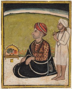 Ein Herrscher sitzt auf einer Terrasse und betet an einem Schrein von Radha und Krishna von Unknown artist