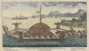 Ansicht des französischen Floßes, wie es im Februar 1798 in St. Maloes schwimmt. Die Maschine ist 600 Fuß lang und 300 breit, trägt 500 Kanonen, 36 & 48 Pfund, und soll 15.000 Truppen für die Invasion Englands transportieren. von Unknown artist