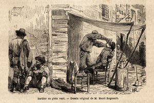 Ein Barbier im Wind in den Straßen von Rom. Gravur zur Illustration der Reise nach Rom, von Francis Wey, veröffentlicht in „Le tour du monde, nouveau journal des voyages“, unter der Leitung von Edouard Charton