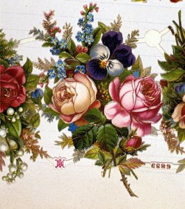 Ein gemischter Blumenstrauß mit Rosen, Veilchen. Chromolithographie aus dem 19. Jahrhundert.