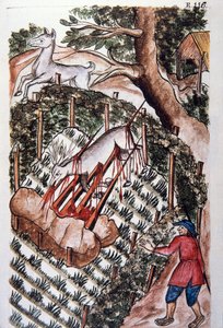 Ein Hirsch fällt in die Falle der Jäger, aus dem Buch "Trujillo del Peru" oder "Códice Martínez Compañón", von Baltazar Martinez Compañón y Bujanda, Bischof von Trujillo (1782-1785)