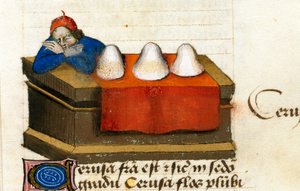 Ein Hirschhändler, verwendet für Kosmetika. Beschreibung von Heilpflanzen und deren Zubereitung. Manuskriptseite „Abhandlungen über Kräuter“ (Tractatus de herbis) von Pedanius Dioscorides (Dioskurides) (40-90 n. Chr.) Lat.1152