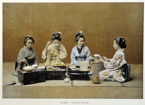 Ein Speisesaal in Japan: Frauen essen Reis mit Essstäbchen und eine von ihnen serviert Tee - n.d. Ende 19. Jahrhundert