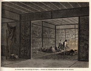 Ein Schlafsaal in einem Gasthaus in Japan. Gravur zur Illustration der Reise nach Japan 1863-1864, von Aime Humbert, Minister der Schweizerischen Eidgenossenschaft, in „Le tour du monde, nouveau journal des voyages“, veröffentlicht unter der Leitung von Ed