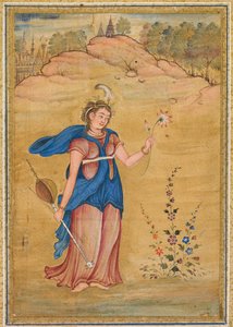 Eine weibliche Figur steht in einer Landschaft und hält eine vierseitige „khuuchir“ und eine Lotusblume von Unknown artist