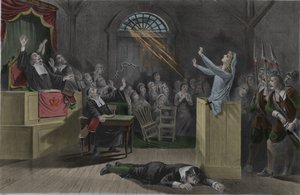 Ein Blitz verbrennt die Ketten einer Hexe während ihrer Prozesse in Salem