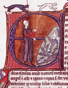 Ein Mönch vor einem Teich, eine Meerjungfrau ist unter den Fischen dargestellt. Miniatur aus dem Manuskript „Speculum historiale“ von Vincent de Beauvais