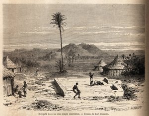 Eine Moschee in ihrer einfachsten Ausdrucksform, in einem Dorf nahe Abu Hamed, am Ufer des Nils. Illustration der Reise in den östlichen Sudan, 1848-1860, von M. Tremmeaux, in "Le tour du monde, nouveau journal des voyages" von Unknown artist