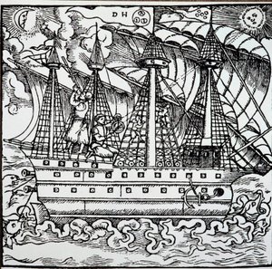 Ein Navigator auf einer portugiesischen Karavelle benutzt ein Astrolabium. Gravur aus den Reisegeschichten des deutschen Navigators Hans Staden (1525-1579) von Unknown artist