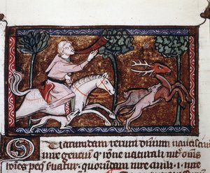 Ein Adliger jagt einen Hirsch. Manuskript aus dem 15. Jahrhundert