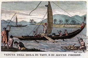 Eine polynesische Schaukelkanu in Tahiti. An Bord eine Ladung Kokosnüsse und Brotfrüchte. Lithografie aus dem 19. Jahrhundert