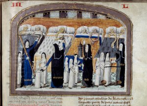 Ein Raum des Hôtel-Dieu in Paris, gefüllt mit Kranken, die von Nonnen betreut werden. Jede Nonne symbolisiert eine Tugend, die für die Betreuung der Kranken notwendig ist: Klugheit, Stärke, Gerechtigkeit. Miniatur aus einem Manuskript von 1482. Paris. Muse