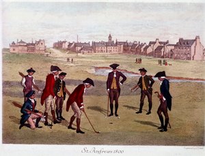 Eine Runde Golf mit britischen Herren in St. Andrews in Schottland im Jahr 1800. Lithographie des 19. Jahrhunderts
