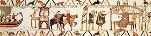 Eine Szene aus dem Teppich von Bayeux, die König Edward zeigt, wie er mit Harold spricht
