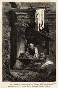 Ein Schuster, der seine Werkstatt in antiken Ruinen eingerichtet hat. Gravur zur Illustration der Reise nach Rom, von Francis Wey, 1864-1868, veröffentlicht in „Le tour du monde“, 1869, herausgegeben von Edouard Charton, Hachette, Paris. Selva-Sammlung.