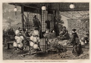Ein reisender Verkäufer von bemalten Laternen geht an einem Blumenladen in Yedo (oder Edo, dem heutigen Tokio) vorbei, wo eine Frau eine Komposition aus großen Blumen erstellt, während Bonsai-Größe eher eine männliche Kunst ist. Gravur zur Illustration Jap