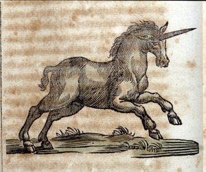 Ein Einhorn, mythologisches Tier - Gravur aus einem Werk von Athanasius Kircher (1601-1680), Jesuit, Orientalist und deutscher Gelehrter