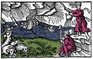 Eine Hexe verursacht einen Sturm nach „Historia de gentis septentrionalibus“ von Olaus Magnus, Rom 1555
