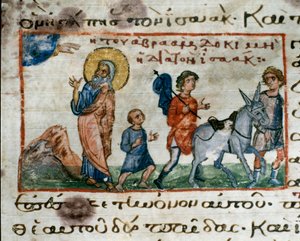 Abraham erhält den Befehl Gottes, seinen Sohn Isaak auf dem Berg Moriah zu opfern. Miniatur aus „Codex de l