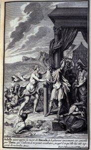 Achilles, der vom Tod des Patroklos gehört hat und bitterlich um ihn weint, wird von Thetis getröstet, die ihn ermahnt, nicht zu kämpfen, bis sie ihm neue Waffen bringt. Illustration für Buch XVIII der Ilias von Homer, französische Ausgabe
