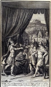 Achilles, wütend auf Agamemnon, schwört bei seinem Zepter, den Griechen nicht zu helfen; und Nestor versucht vergeblich, sie zu beruhigen. Illustration für Buch I der Ilias von Homer, französische Ausgabe von Unknown artist