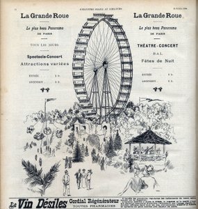 Werbung für das Riesenrad in Paris, das das schönste Panorama der Stadt für 1 Franc bietet. Gravur in „Le sun-du-dimanche“ von Unknown artist