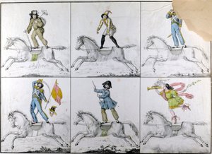 Akrobatik: Akrobatische Übungen zu Pferd. Gravur von Unknown artist