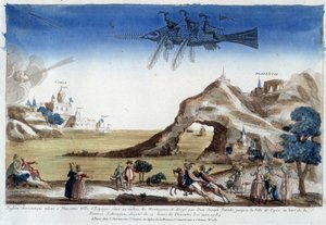 Aerostatischer Fisch, der in Plazentia, Spanien, von Dom Joseph Patinho gesteuert wird und am 10. März in die Stadt Coria am Ufer des Arragon-Flusses (12 Meilen von Plazentia entfernt) fliegt. von Unknown artist