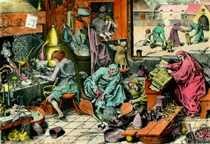 Alchemielabor Ein Alchemist konsultiert ein Grimoire. Gravur des 16. Jahrhunderts Private Sammlung