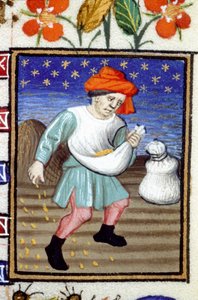 Allegorische Darstellung des Oktober. Ein Bauer sät Getreide. Miniatur eines Manuskripts aus dem 14. Jahrhundert. von Unknown artist