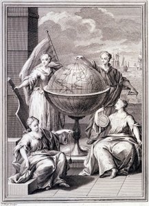 Allegorie der Erforschung der Welt - in „Historische Reise durch Südamerika im Auftrag des Königs von Spanien“ von Don Georges Juan und Don Antoine de Ulloa, Librairie du Roi, Paris von Unknown artist