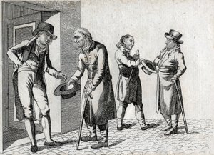 Amone. Bettler, die Hüte ausstrecken, um Münzen zu sammeln. Gravur Ende des 18. Jahrhunderts. Private Sammlung