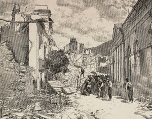 Unter den Ruinen nach dem Erdbeben im Seebad Balliazzi, Italien