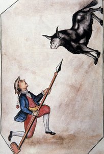 Ein Indianer zeigt mit seinem Speer auf einen Stier, aus dem Buch "Trujillo del Peru" oder "Códice Martínez Compañón", von Baltazar Martinez Compañón y Bujanda, Bischof von Trujillo (1782-1785)