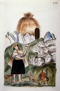 Eine indische Schäferin in der Nähe ihrer Hütte mit ihrer Herde, aus dem Buch "Trujillo del Peru" oder "Códice Martínez Compañón", von Baltazar Martinez Compañón y Bujanda, Bischof von Trujillo (1782-1785) von Unknown artist