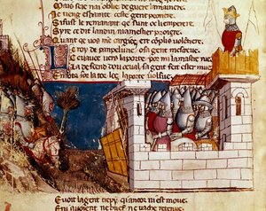 Eine Armee (vom König von Pamplona?) nimmt Zuflucht in einer Burg und überquert die Miniatur-Levis-Brücke aus „Entrée von Spanien“. 14. Jahrhundert Venedig, Biblioteca Marciana. von Unknown artist