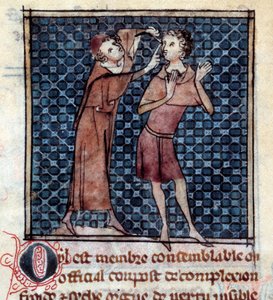 Anatomische Figur: Arzt untersucht das Auge eines Patienten. Miniatur aus dem Manuskript „Chirurgie“ (Folio 17v) geschrieben von Henri de Mondeville (Chirurg von Philippe Le Bel, Professor der Anatomie) von Unknown artist