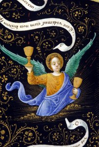 Engel, der zwei Kelche hält. Miniatur von Belbello da Pavia