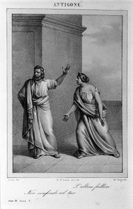Antigone Akt IV, Szene 5. Italienische Tragödie von Vittorio Alfieri, geschrieben 1783 nach der griechischen Mythologie. Gravur des 18. Jahrhunderts