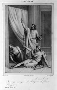 Antigone Akt V, Szene 6. Italienische Tragödie von Vittorio Alfieri, geschrieben 1783 nach der griechischen Mythologie. Gravur des 18. Jahrhunderts