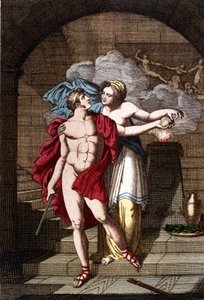 Arianne gibt Theseus den Faden, damit er aus dem Labyrinth herausfinden kann - in Dizionario mitologico von Unknown artist