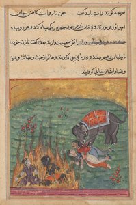 Zur Strafe werden die Frau des Narren und der Zangi ins Feuer geworfen und die Frau des Emirs und der Mahout von einem Elefanten zertrampelt, aus einem Tuti-nama (Geschichten eines Papageis), Zweiundzwanzigste Nacht