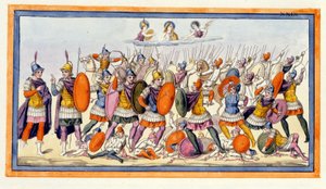 Athena und Hera unterstützen die Trojaner in ihrem Kampf gegen die Griechen. Die Ilias, Gesang VIII, Gravur aus dem späten 18. Jahrhundert