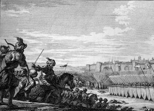 Schlacht von Poitiers zwischen der Armee von Karl Martell und den Sarazenen, 732. Gravur aus dem 18. Jahrhundert