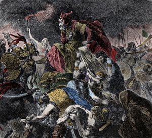 Schlacht auf den Katalaunischen Feldern, wo die Römer, die Franken und die Westgoten die Hunnen von Attila und die Ostgoten in der Nähe von Troyes, Aube, vereinten - Barbarische Invasionen - (Schlacht auf den Katalaunischen Feldern oder Schlacht von Chalon von Unknown artist