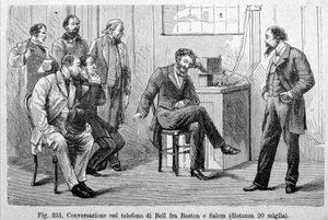Bell-Telefongespräch zwischen Boston und Salem (20 Meilen Entfernung). Gravur des 19. Jahrhunderts