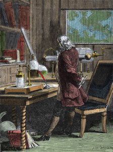 Benjamin Franklin (1706-1790), Philosoph, Physiker und amerikanischer Botschafter in seinem Labor in Philadelphia von Unknown artist