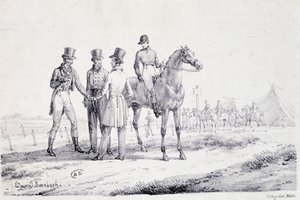 Wette am Rand des Rennfeldes mit einem Jockey zu Pferd (Lithographie, Anfang 19. Jahrhundert)