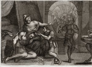 Bibel von Royaumont, Altes Testament: Tod von Samson. Samson verrät Dalila, dass seine Stärke in seinem Haar liegt. Sie schneidet ihm das Haar ab und bringt die Philister-Soldaten in den Raum. Illustration von 1811. von Unknown artist